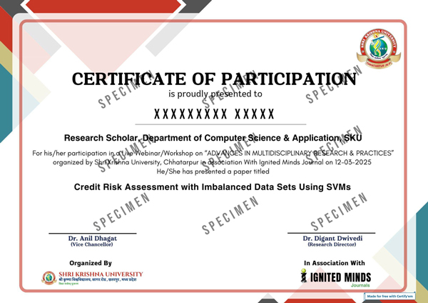 Specimen certificate for Program initiated by IMPARC